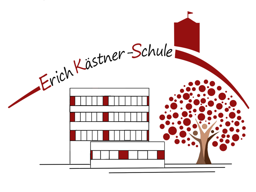 Logo der Erich Kästner-Schule mit Schulgebäude und Baum